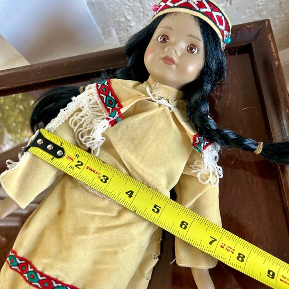 Vintage Porcelain Native American-Inspired Doll with Braids and Beaded Outfit - Picture 11 of 12